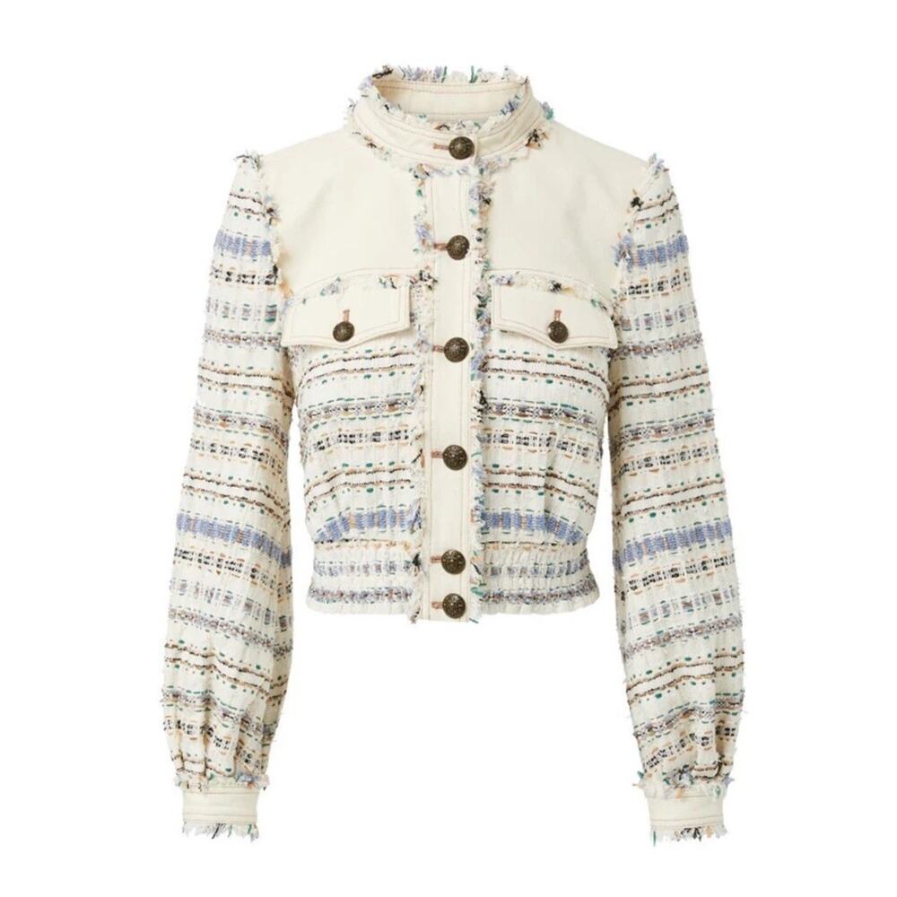 Veronica Beard Darren Tweed Jacket Ecru Multi Fringe Crop Jacket US 12 - Picture 2 of 14